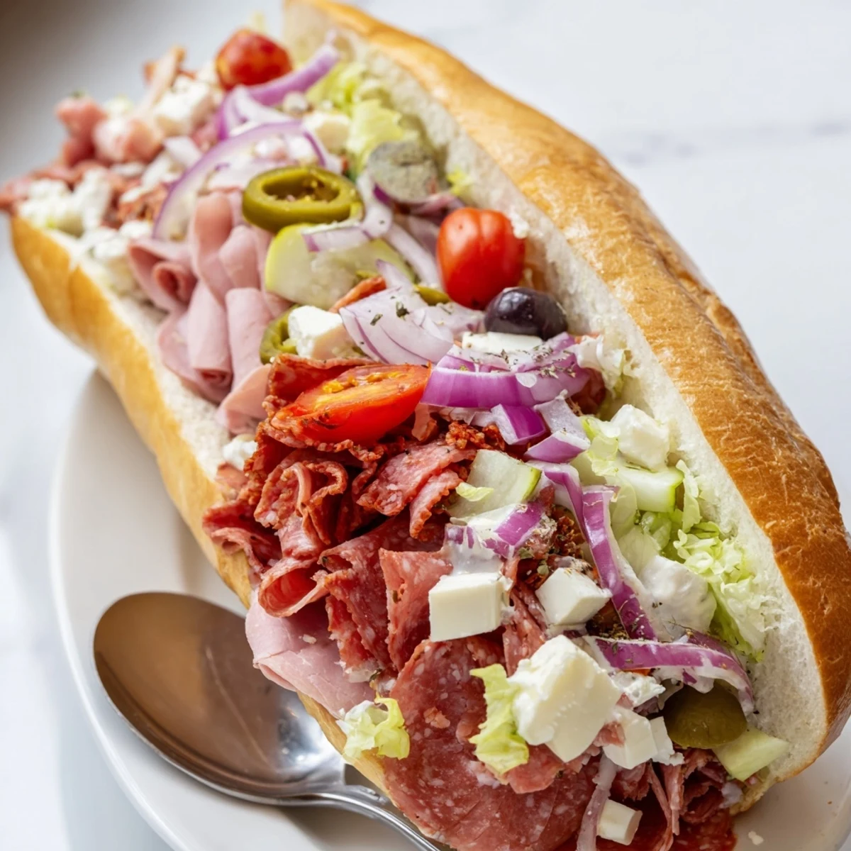 Vibrant Flavor Mash-Up Sandwiches stacked high with fresh meats and vegetables.