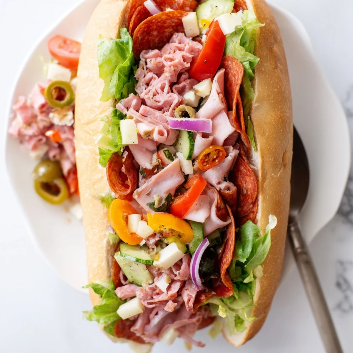 Deli-style Flavor Mash-Up Sandwiches bursting with savory Italian flavors and crunchy veggies.