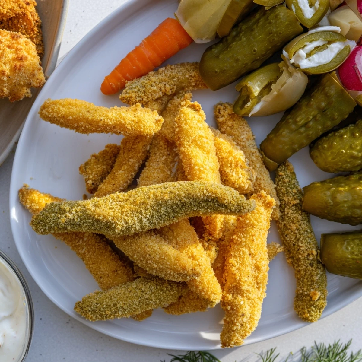 Crispy fried pickles served with tangy dipping sauce, perfect for pickle lovers.  