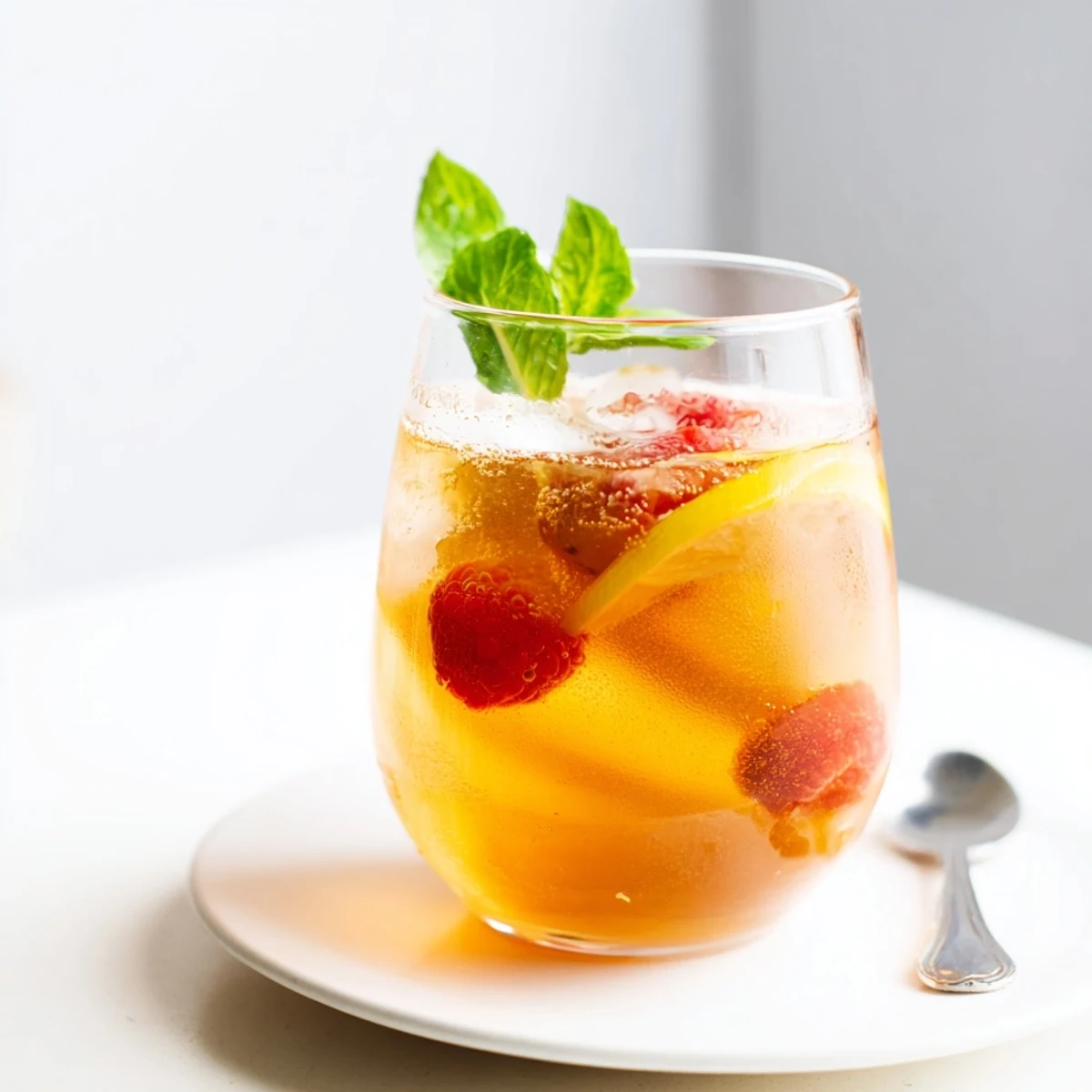 Refreshing Kombucha-style home-brew mocktails garnished with fresh berries and herbs.  