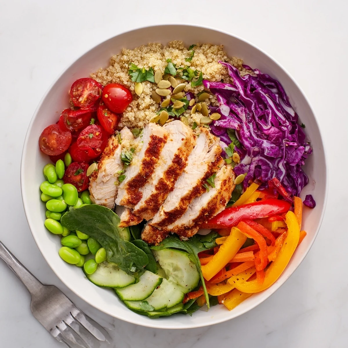 Colorful healthy meal-prep bowls filled with quinoa, grilled chicken, and fresh veggies.  