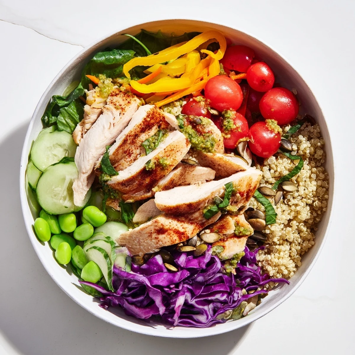 Satisfying healthy meal-prep bowls topped with zesty dressing and crunchy pumpkin seeds.