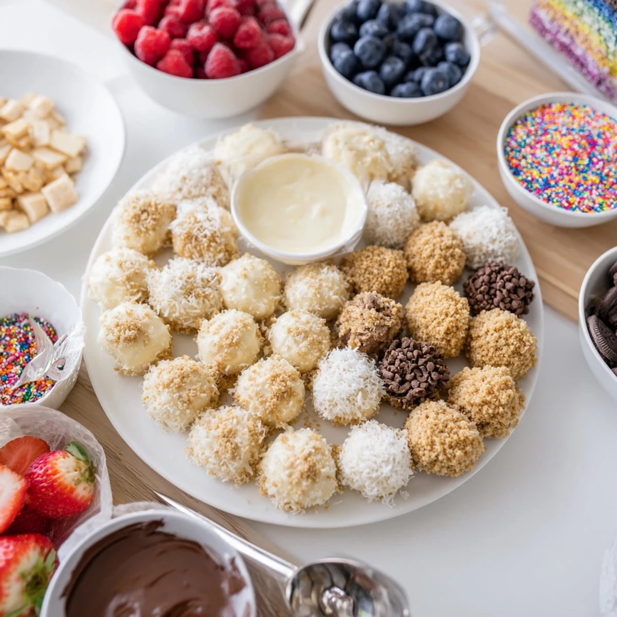 Deconstructed Dessert Board with creamy cheesecake bites and vibrant fresh fruit toppings.  
