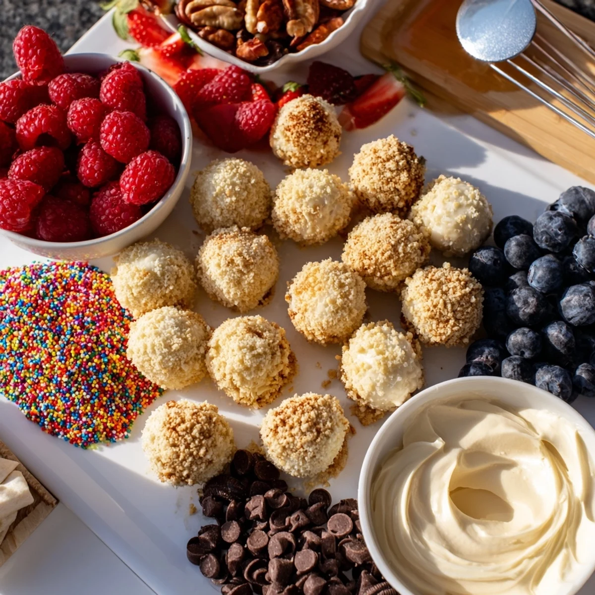 Interactive Deconstructed Dessert Board, showcasing cheesecake bites with chocolate, fruit, and nuts.