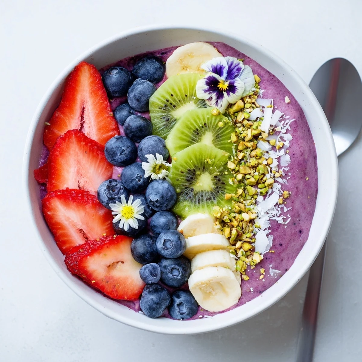 Vibrant smoothie bowls topped with fresh berries and crunchy pistachios for breakfast.  