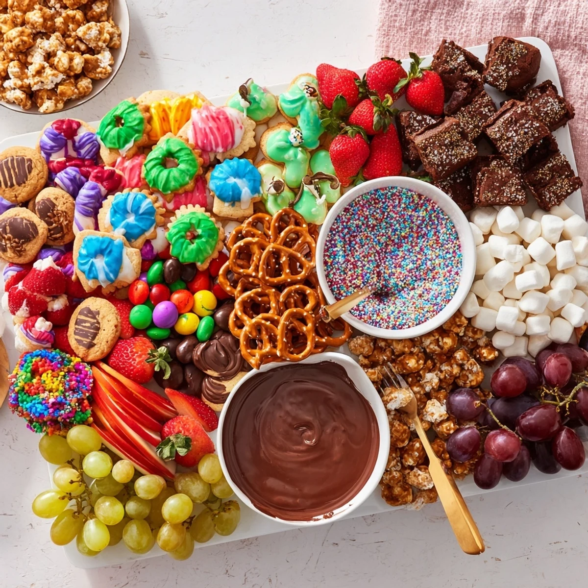 Colorful dessert board featuring themed cookies, fruits, and decadent chocolate treats.  