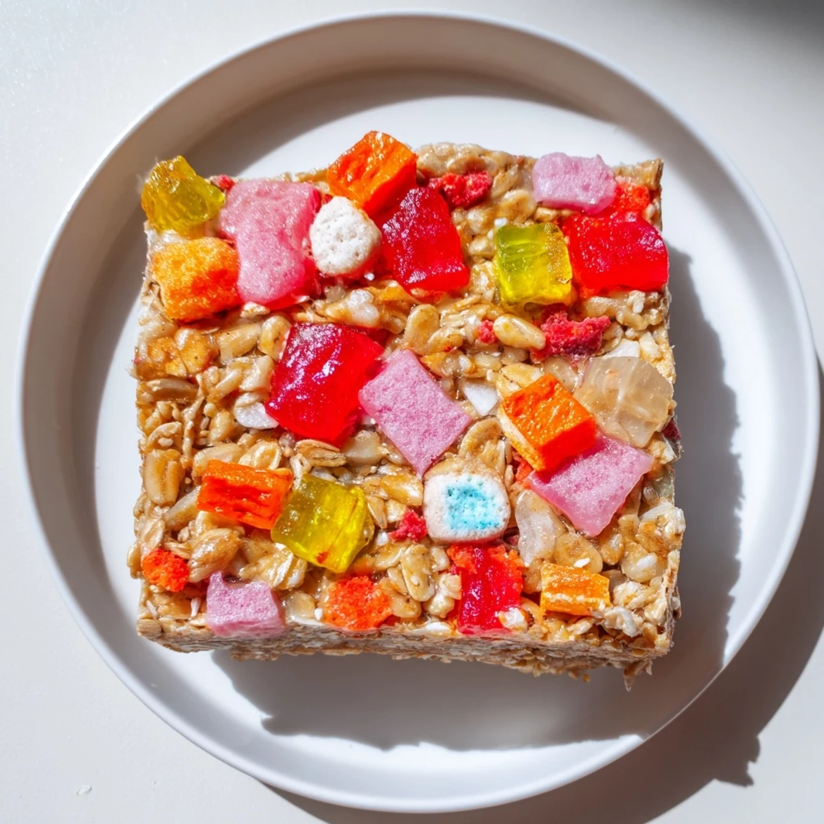 Colorful DIY snack bars featuring chewy gummies and crunchy freeze-dried candies.  