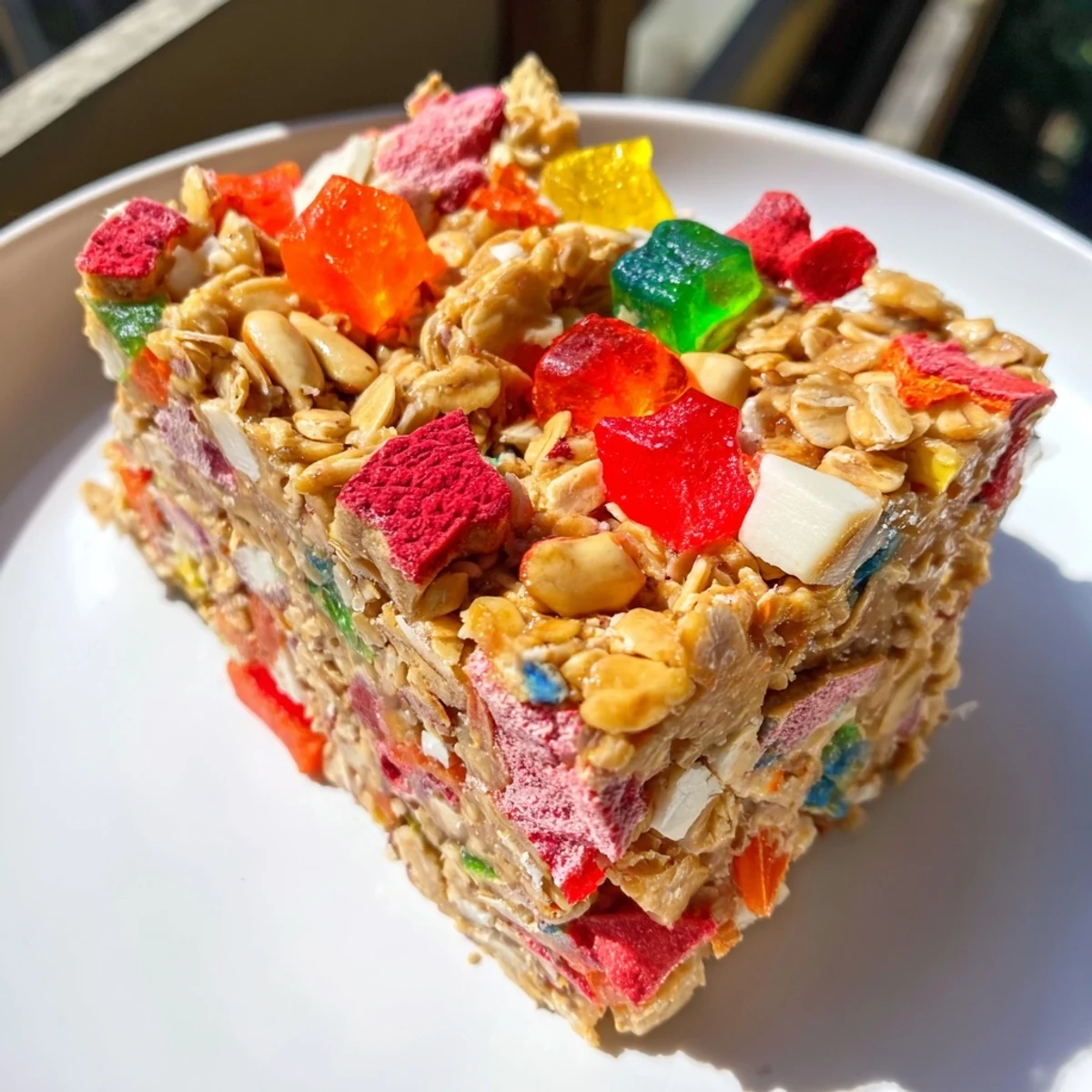 Wholesome oat base topped with juicy fruit gummies and crunchy candy bits.