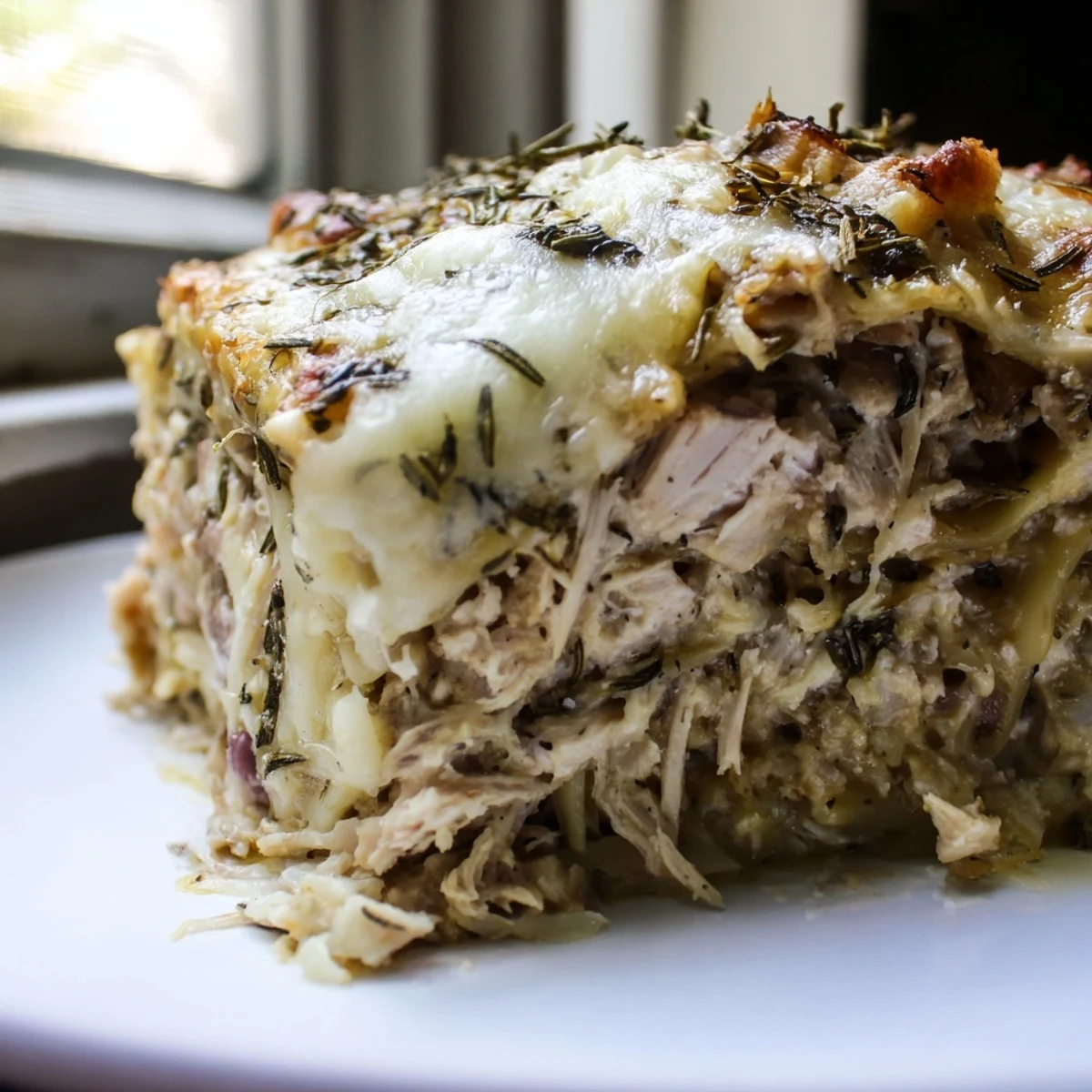 Golden-brown rosemary chicken lasagna layered with creamy béchamel and herbs.