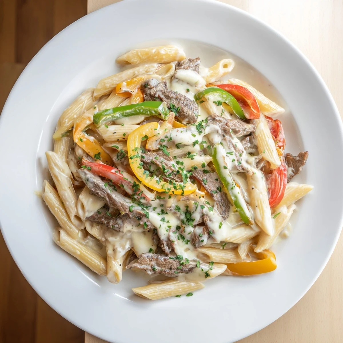 Hearty Philly Cheese Steak Pasta, topped with creamy cheese sauce and sautéed veggies.  
