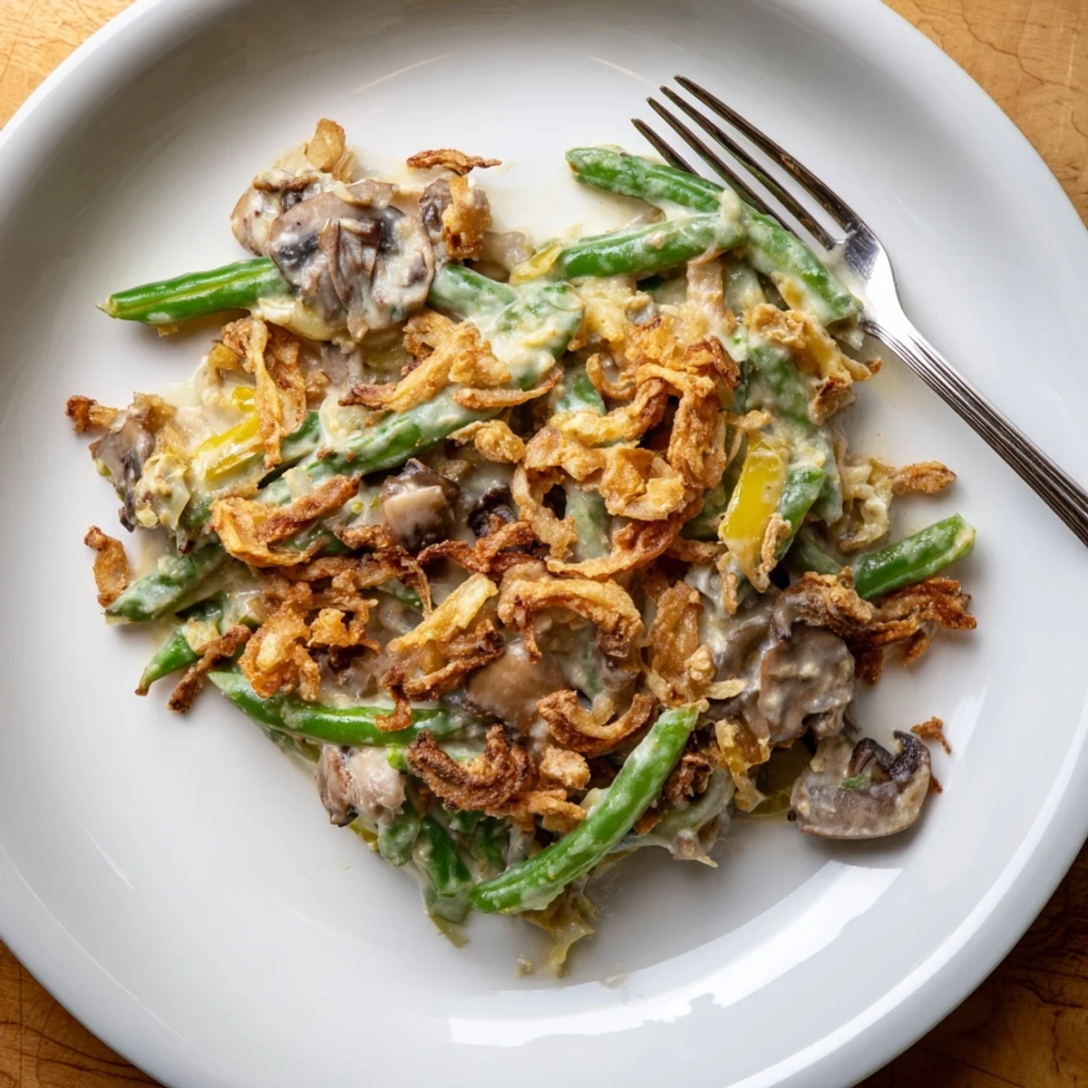 Creamy Old-School Green Bean Casserole topped with crispy fried onions and savory mushrooms.  