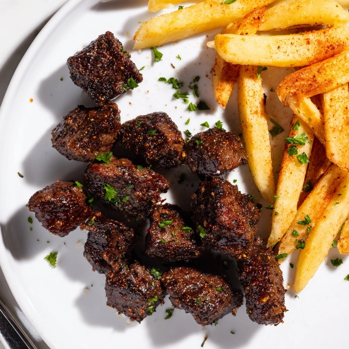 Savory Blackened Cajun steak bites paired with crispy golden fries on a plate.  