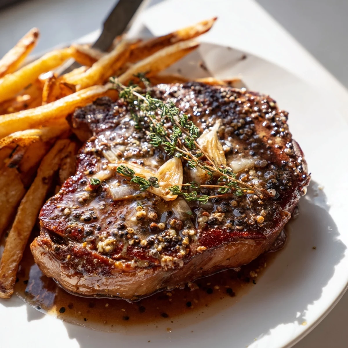 Juicy Classic Peppercorn Ribeye with crispy fries, perfect for a steak dinner.  