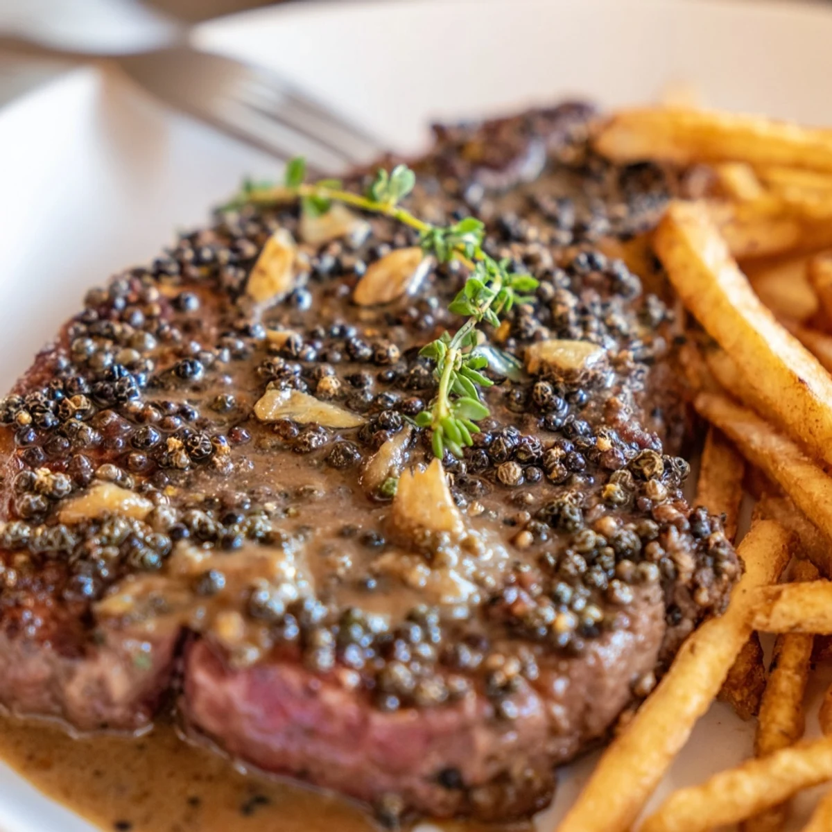 Succulent, peppercorn-crusted ribeye served alongside golden, crispy fries for indulgence.  