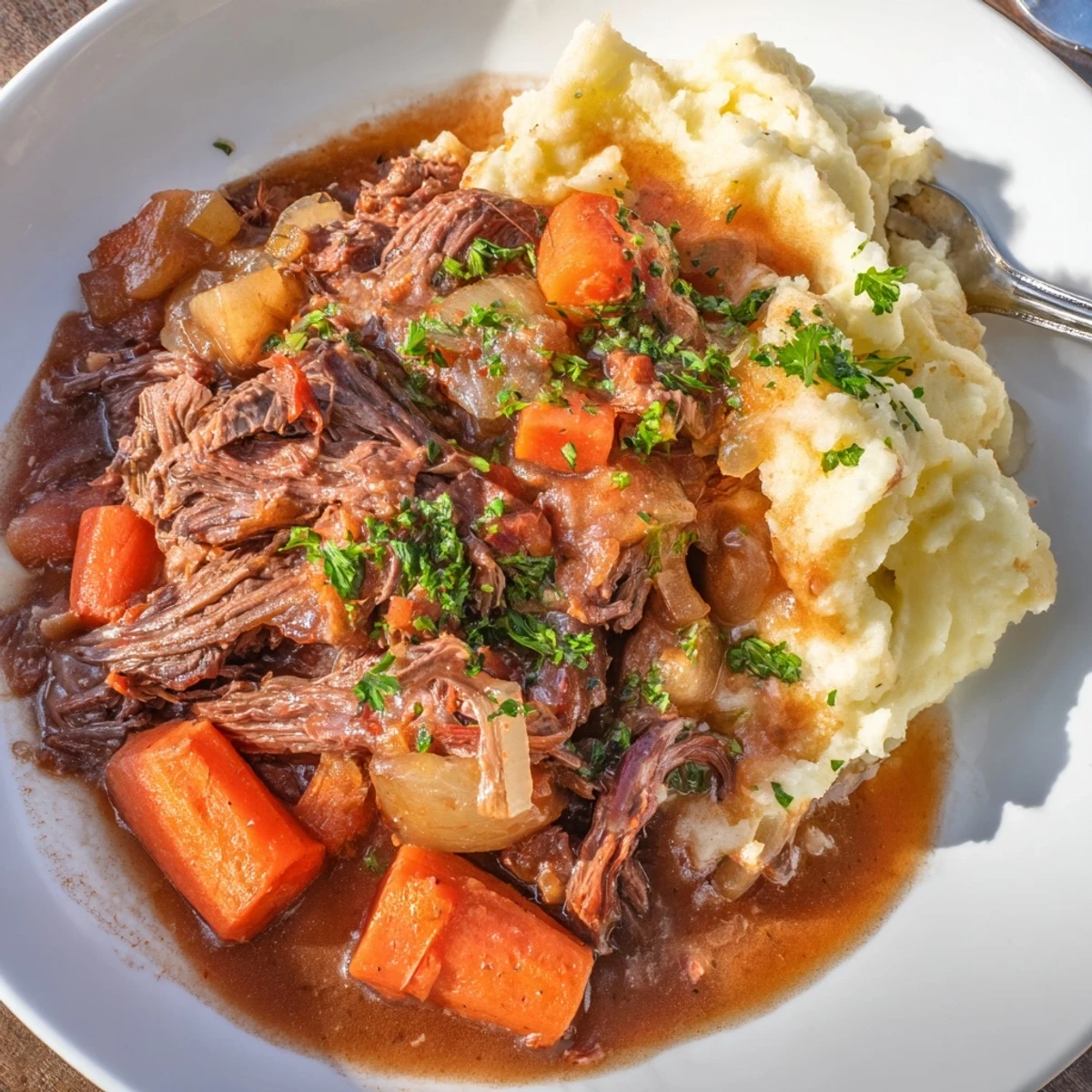 Tender beef slow-cooked in a savory sauce, paired with creamy mashed potatoes.  