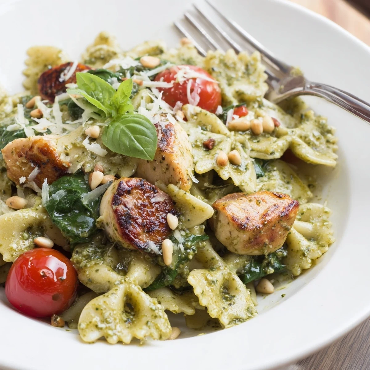 A vibrant Pesto Chicken Bowtie Pasta dish with creamy basil sauce and fresh ingredients.  