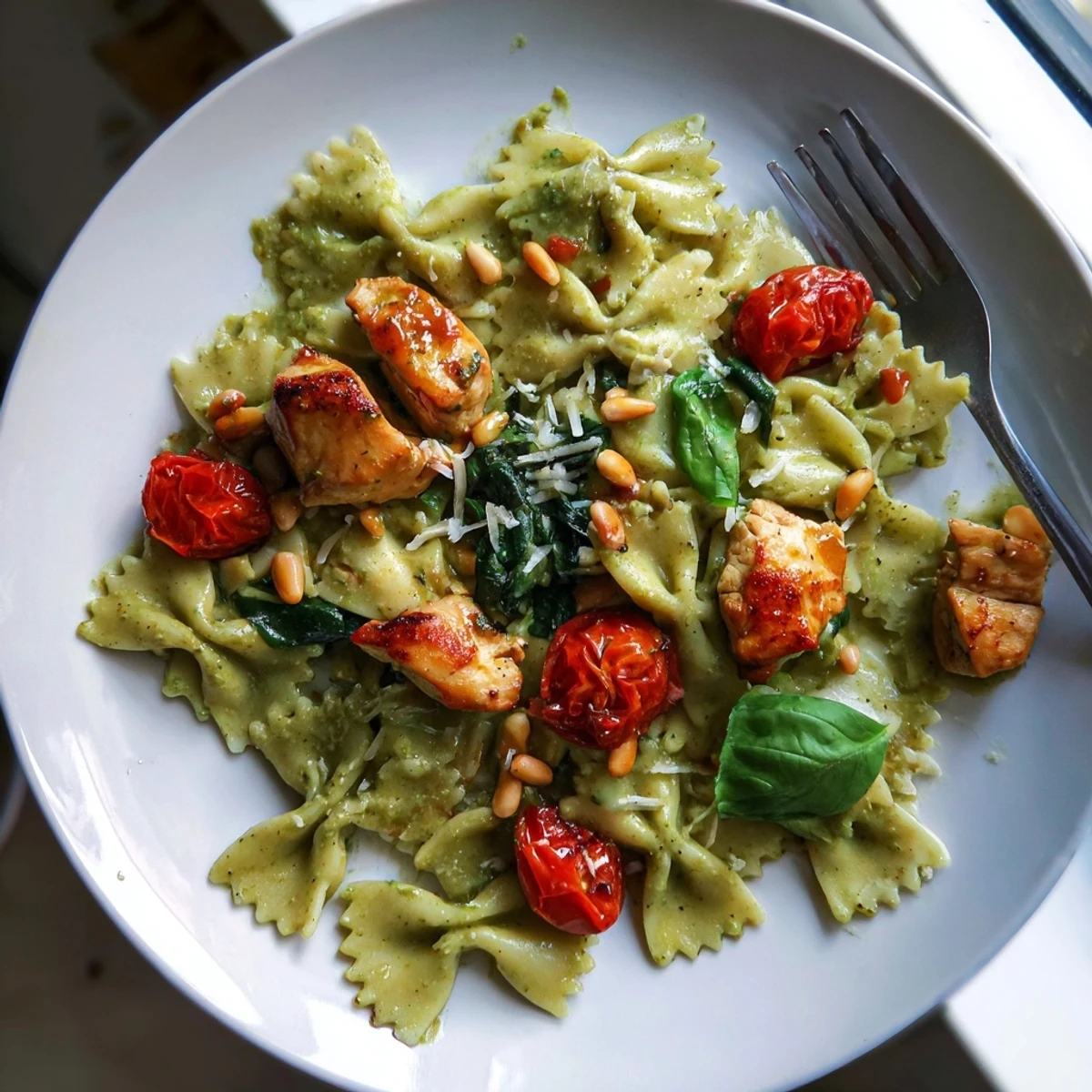Delicious Pesto Chicken Bowtie Pasta served with toasted pine nuts and spinach.