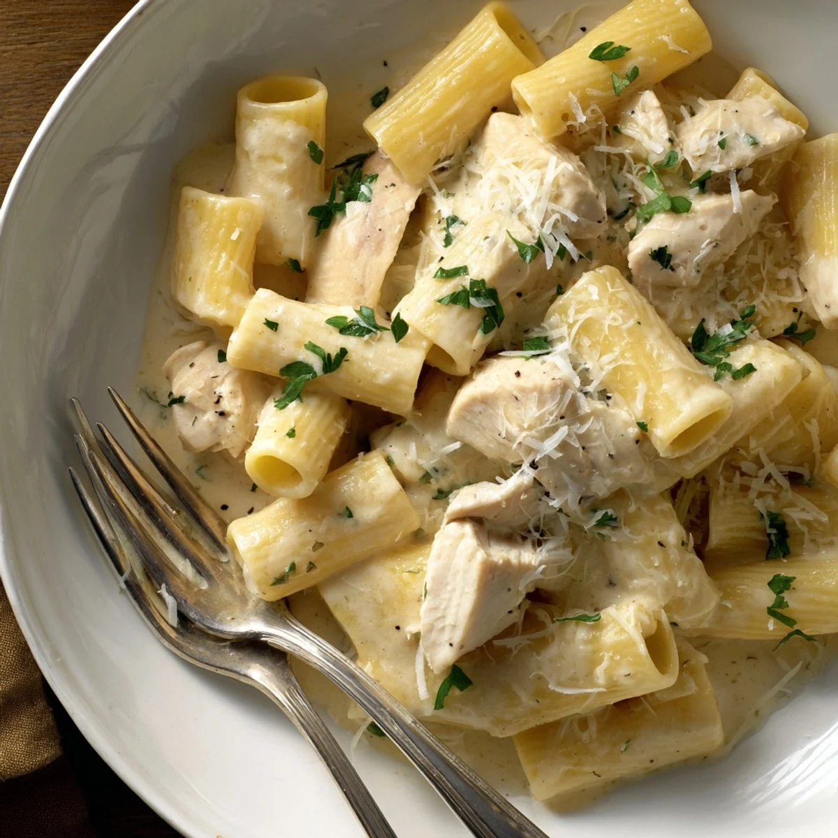 Satisfying Creamy Garlic Parmesan Chicken Rigatoni with tender chicken and rich sauce.