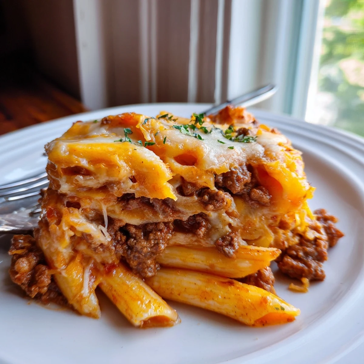 Cheesy Beef & Penne Bake topped with golden, bubbling cheese, ideal for cozy family dinners.
