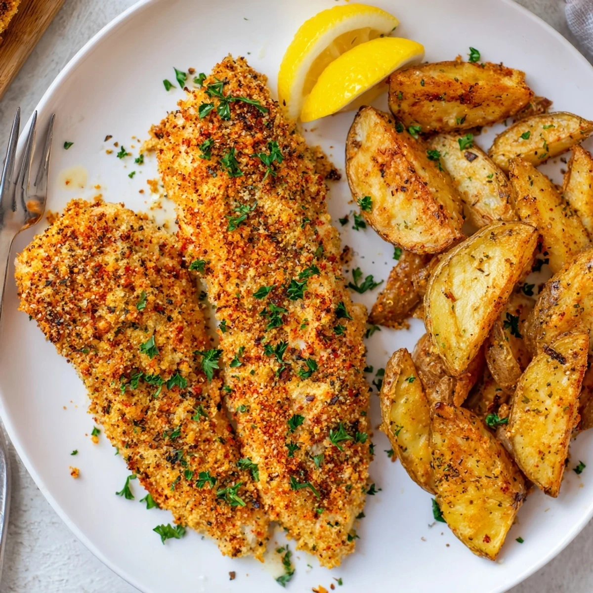 Juicy herbed chicken tenders paired with crispy potato wedges for a family dinner.  