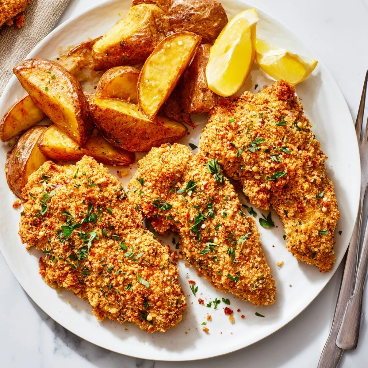 Crispy herbed chicken tenders served with aromatic potato wedges and fresh parsley.