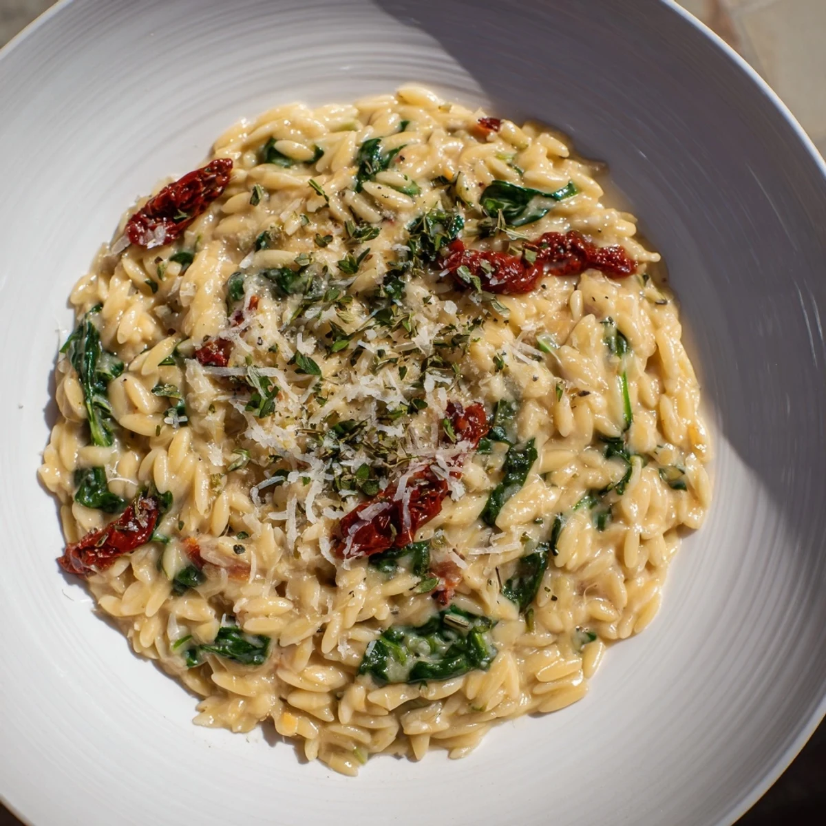 Creamy Tuscan Orzo Bowl: A rich, creamy Italian pasta dish with sun-dried tomatoes and spinach.