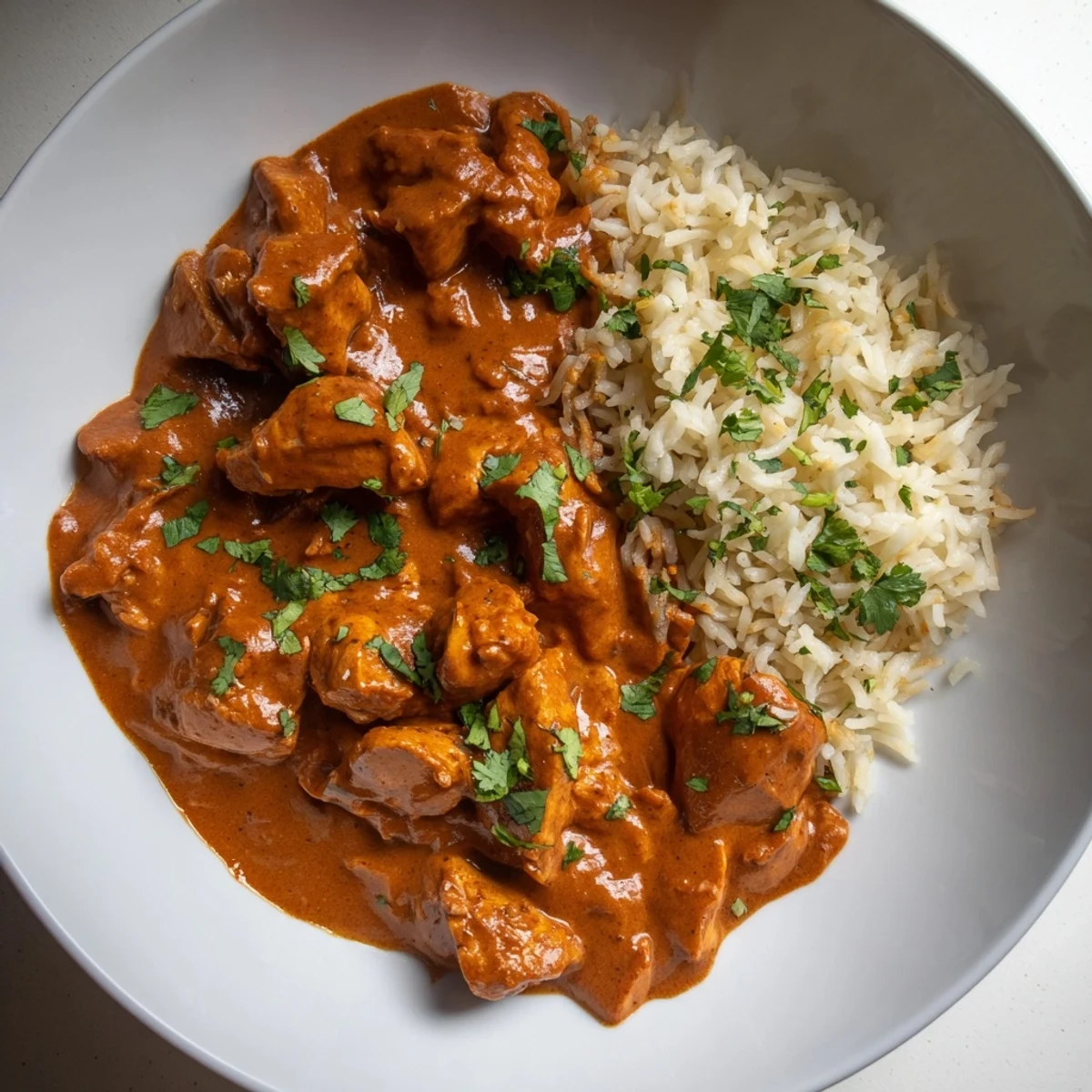 Butter Chicken & Rice Pilaf: A steaming plate with creamy butter chicken next to fragrant, fluffy rice.