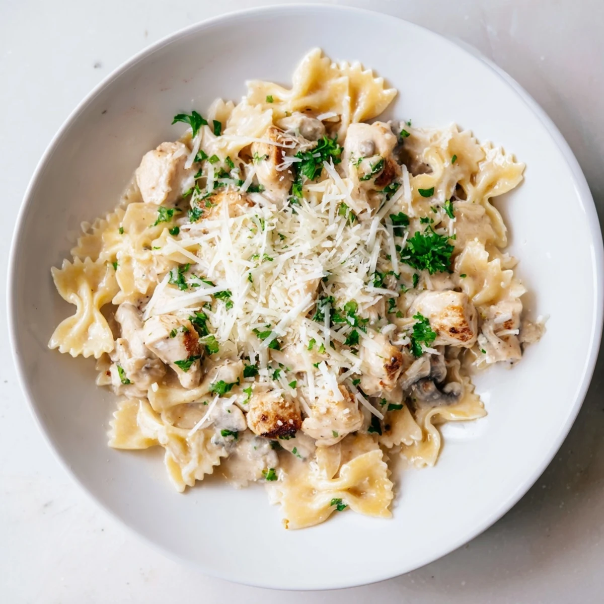 Creamy mozzarella garlic butter chicken bowtie pasta, a comforting Italian-American main dish, served hot.