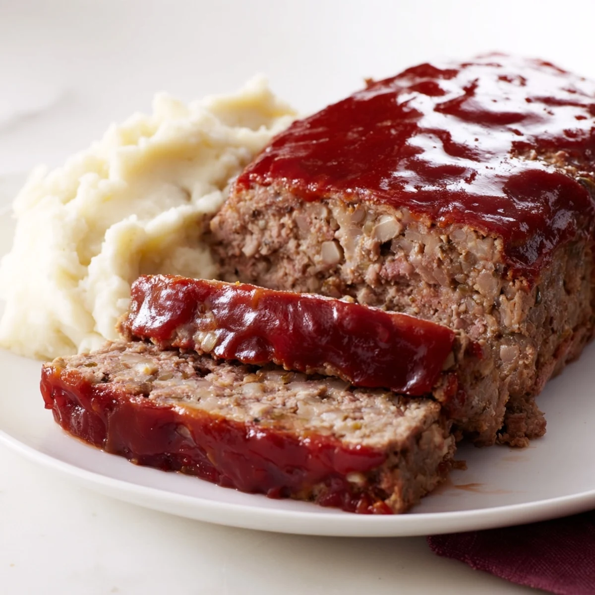 A close-up shows the hearty texture of Classic Meatloaf, ready to eat with soft potatoes.