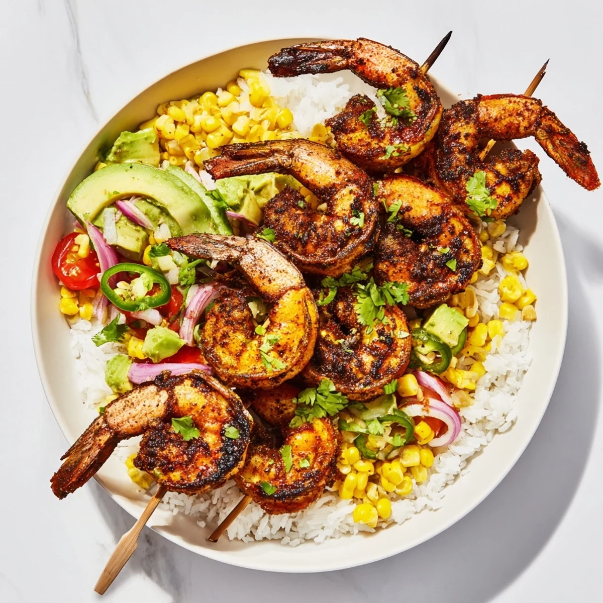 Grilled shrimp bowl overflowing with colorful avocado corn salsa, perfect for a light summer meal.