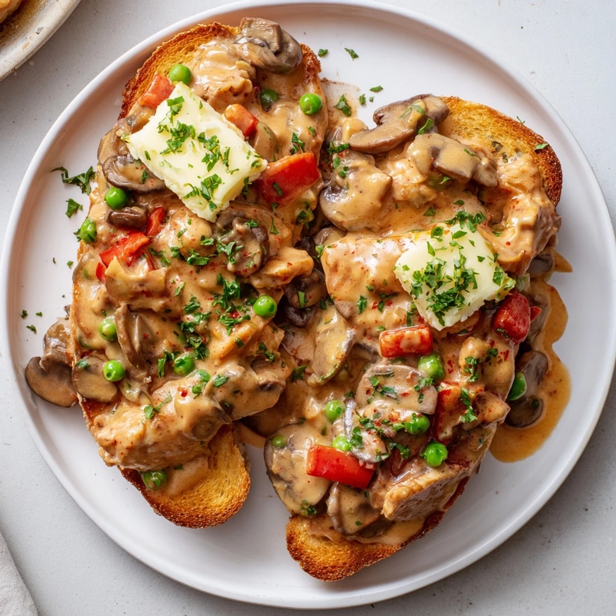 Chicken à la King, creamy and savory, served generously atop golden buttered toast, ready to enjoy.