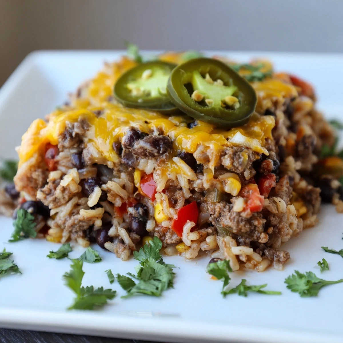 Close-up of a warm, inviting Tex-Mex Beef & Rice Casserole, perfect for a family dinner.