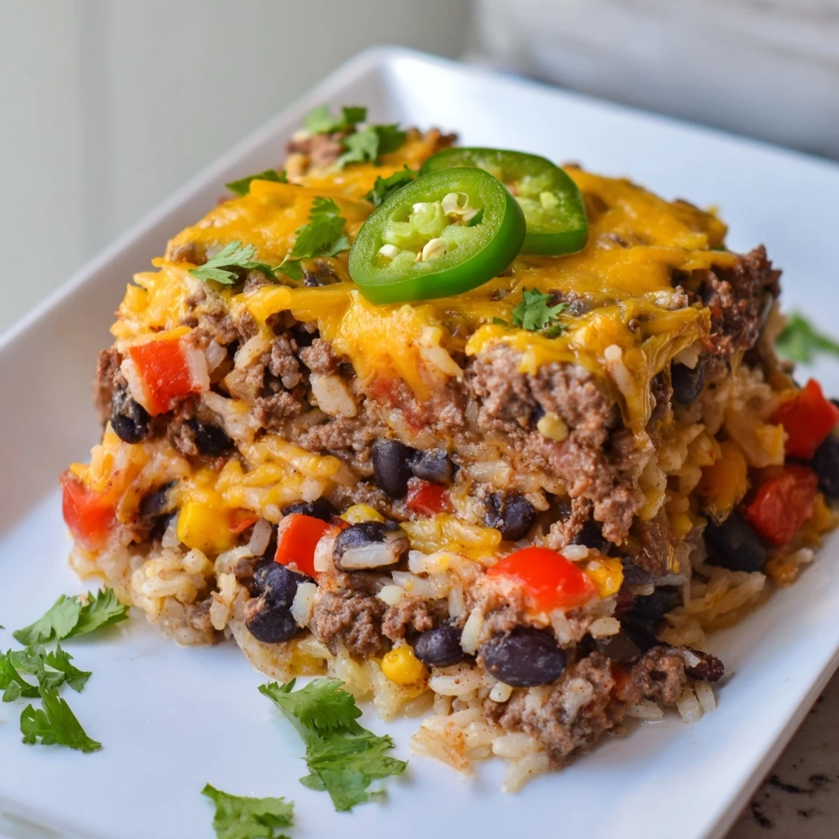 A bubbling, cheesy Tex-Mex Beef & Rice Casserole, with golden topping and fresh cilantro garnish.