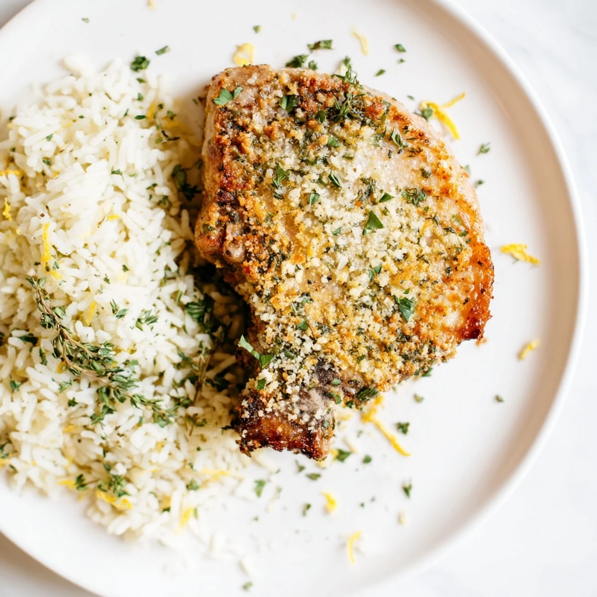 Tender Parmesan Herb Pork Chops, baked until golden brown, offer a comforting, delicious dinner with seasoned rice.