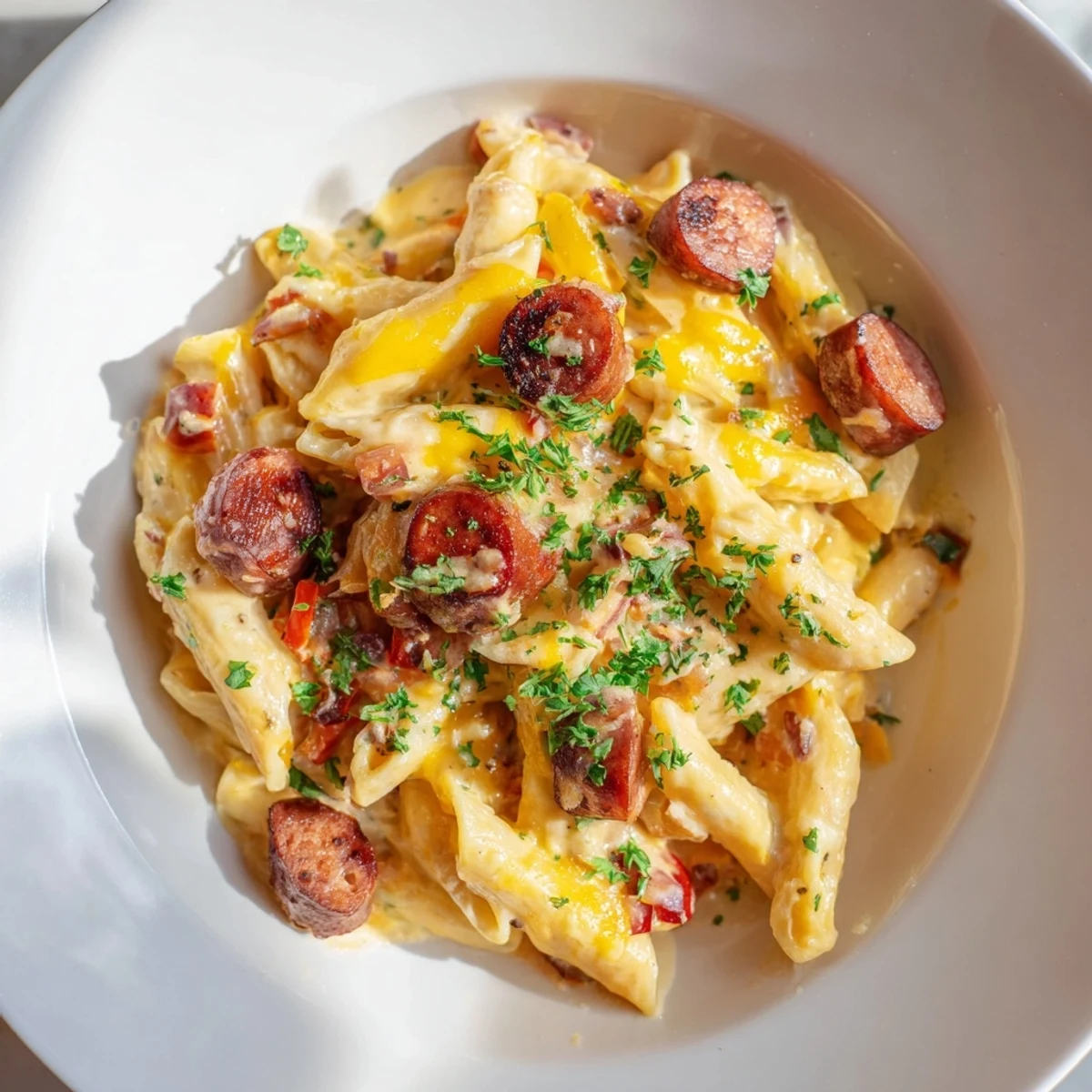 Golden, bubbly Smoked Sausage & Cheddar Pasta Bake, packed with savory sausage and cheese aroma.