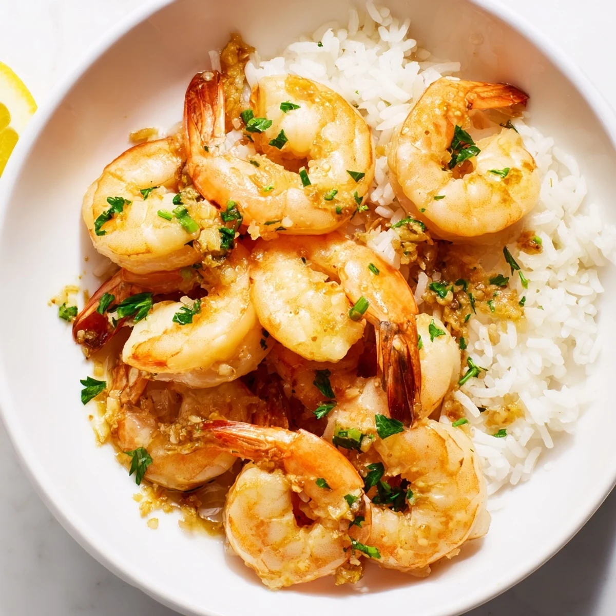 Garlic butter shrimp rice bowl: vibrant meal of succulent shrimp on fluffy white rice.