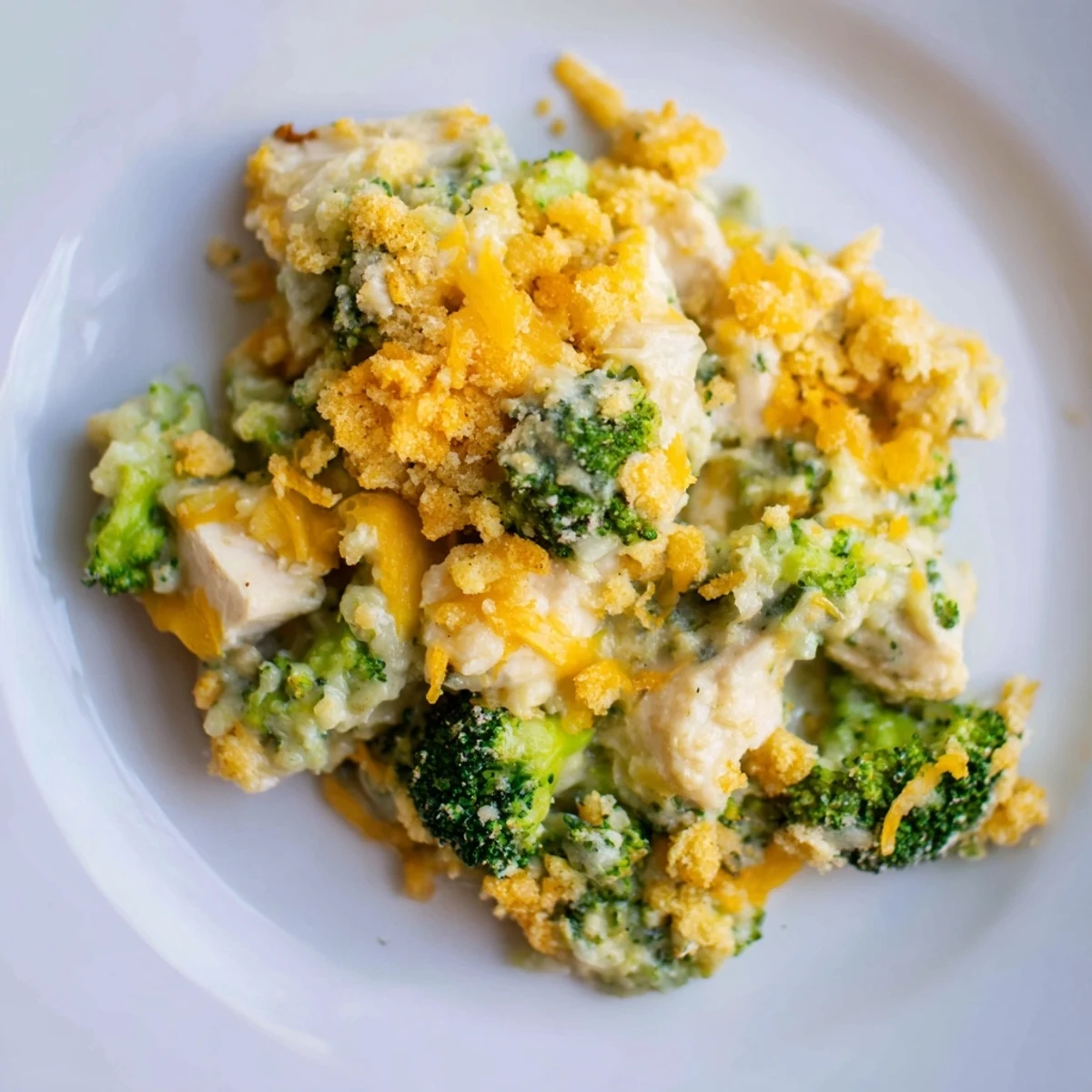 Golden-brown cheddar topping glistens over a steaming casserole of the Cheddar Broccoli Chicken Bake.