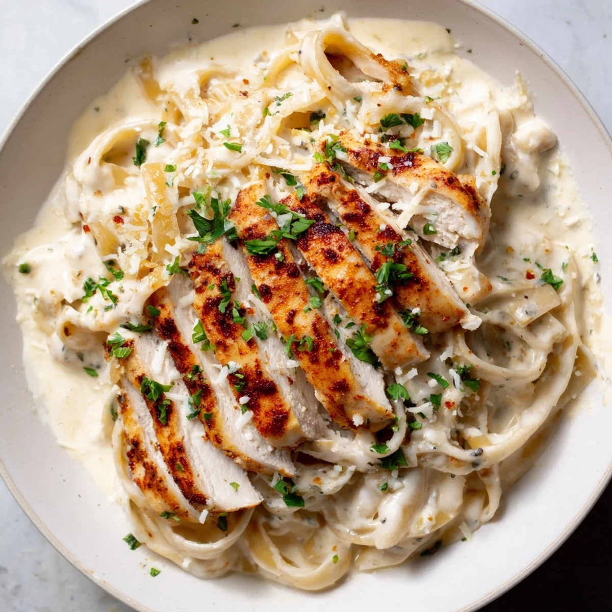 Tender slices of spicy Cajun Chicken Alfredo atop creamy fettuccine, a comforting dinner.