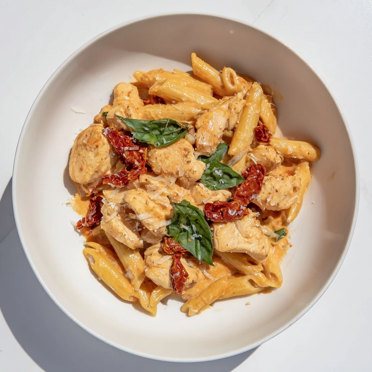 Creamy Tomato Basil Chicken Pasta: A close-up view displaying the rich, vibrant creamy tomato sauce over pasta.