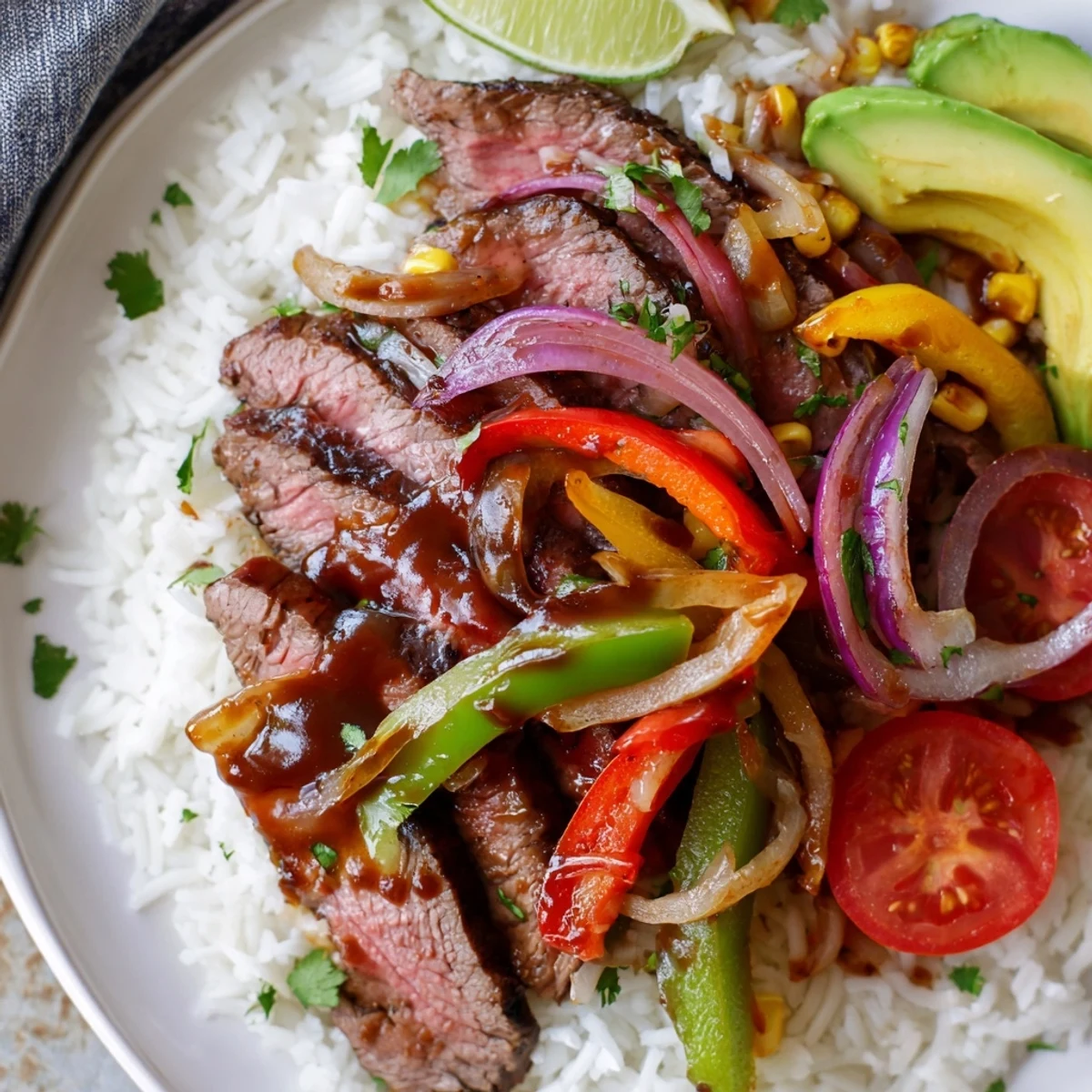 Smoky and delicious BBQ Steak Fajita Bowl with colorful peppers and tender seasoned steak and rice.