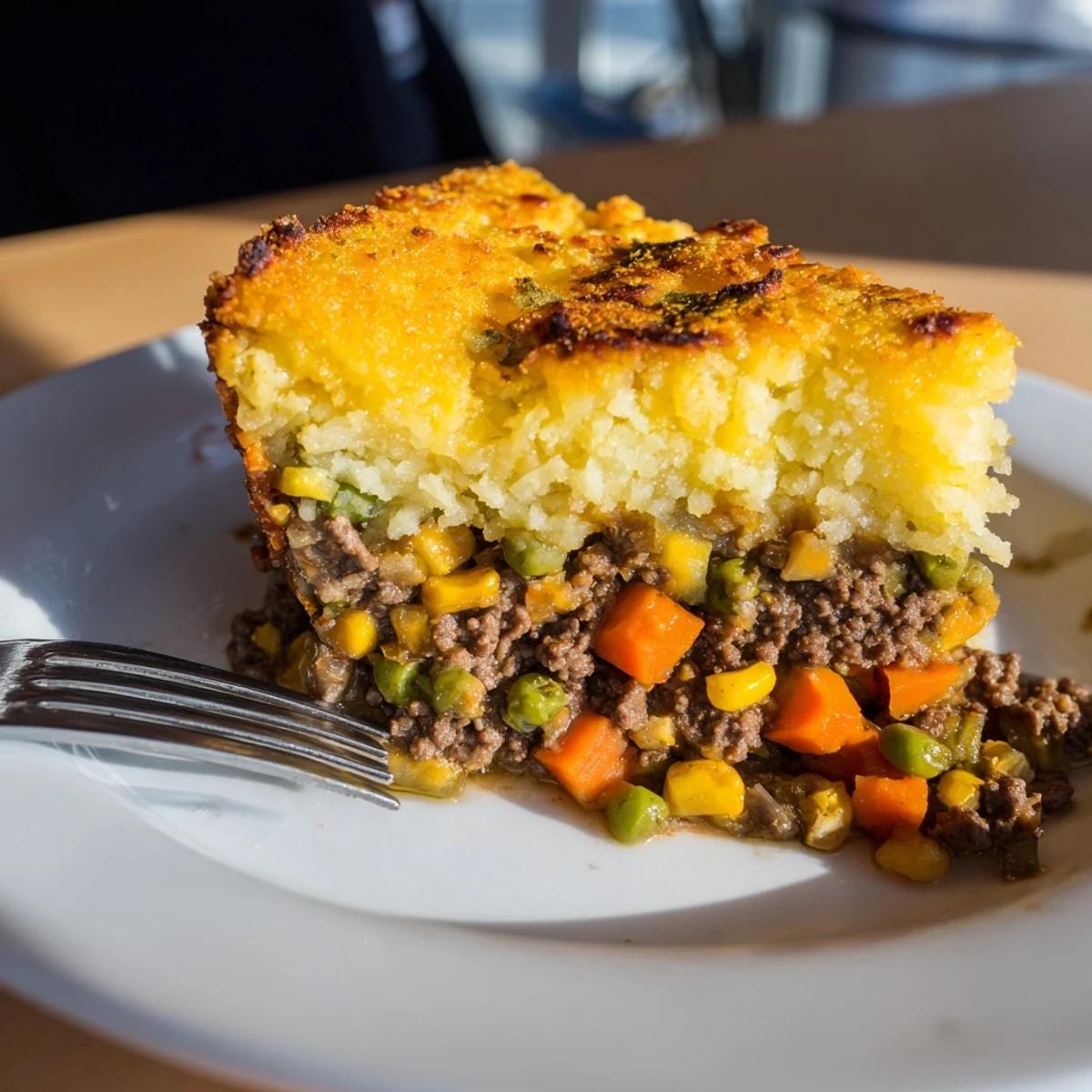 Golden, flaky cornbread crust tops a savory, steam rising Beef Pie, ready to serve.