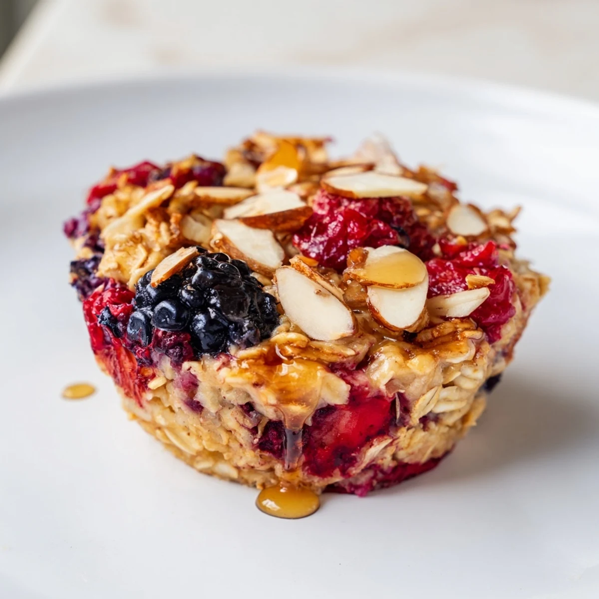 Baked oatmeal cups, golden brown and filled with winter berries, ready for a delicious breakfast.