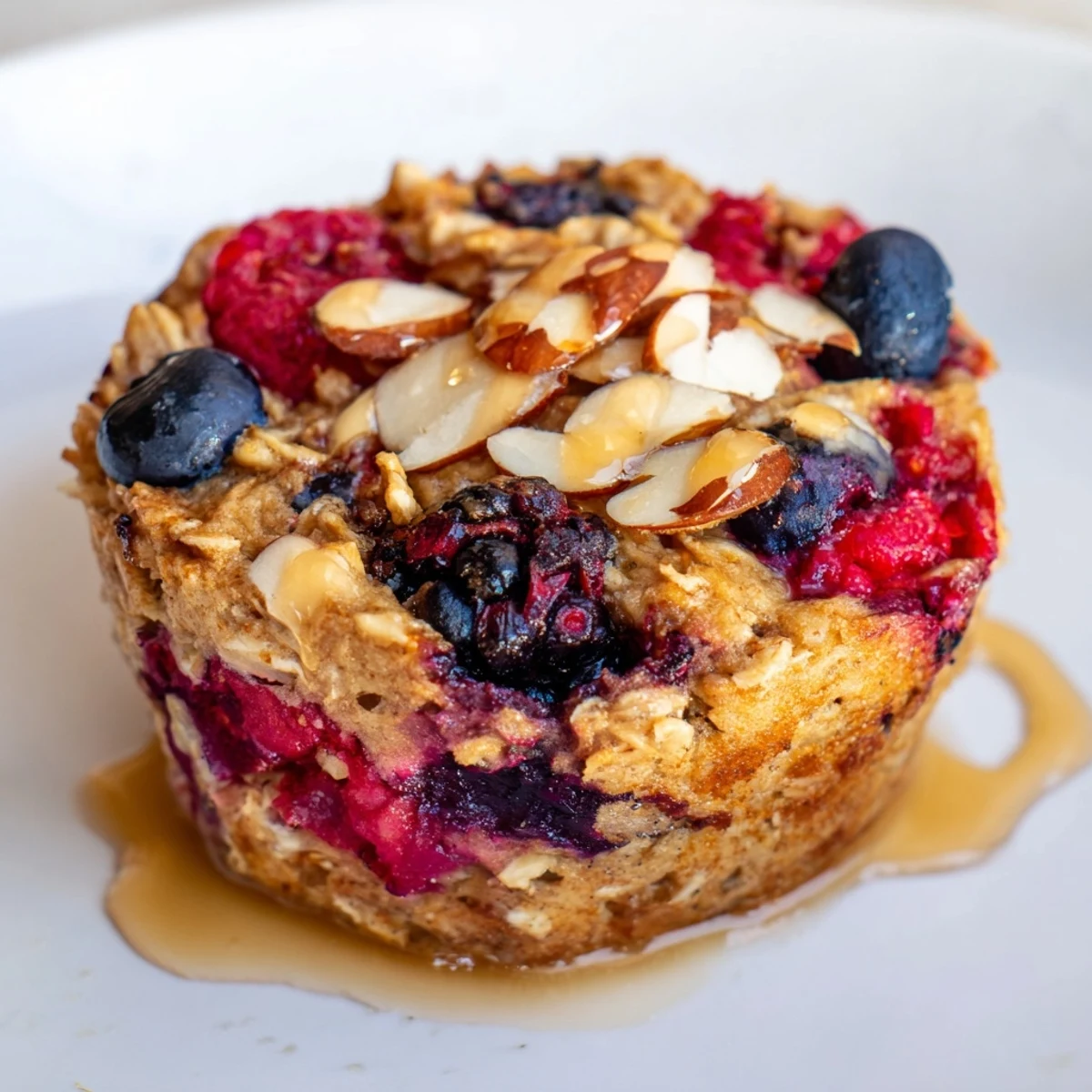 A close-up of baked oatmeal cups showing plump berries and creamy almond butter swirling within.