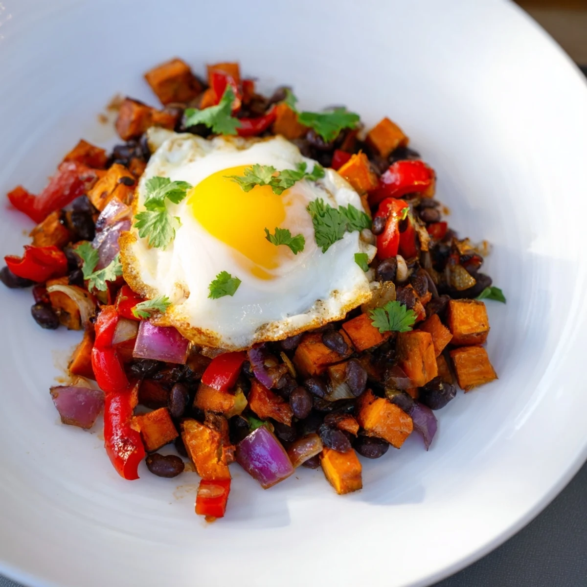 Vibrant skillet of Sweet Potato & Black Bean Breakfast Hash, seasoned and ready for a savory breakfast.