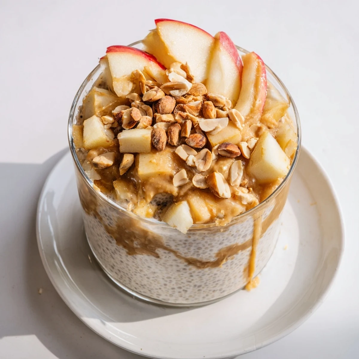 A layered parfait showing the Apple-Chia Pudding with Peanut Butter, perfect for breakfast or dessert.