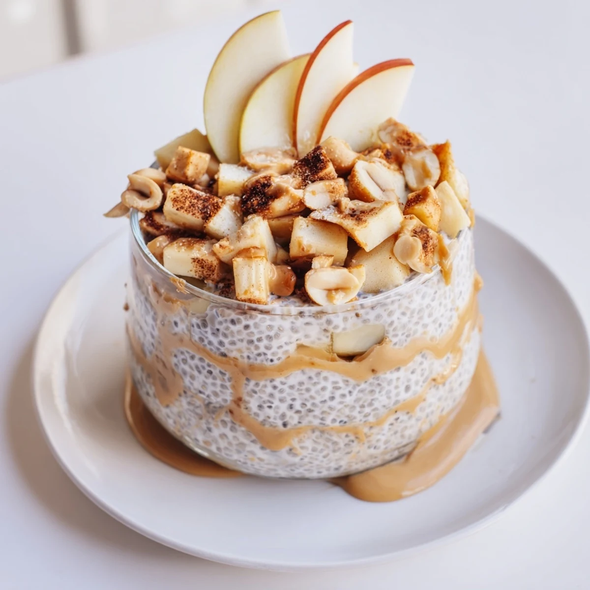 Enjoy this vibrant close-up of Apple-Chia Pudding with Peanut Butter, ready to be scooped and devoured.