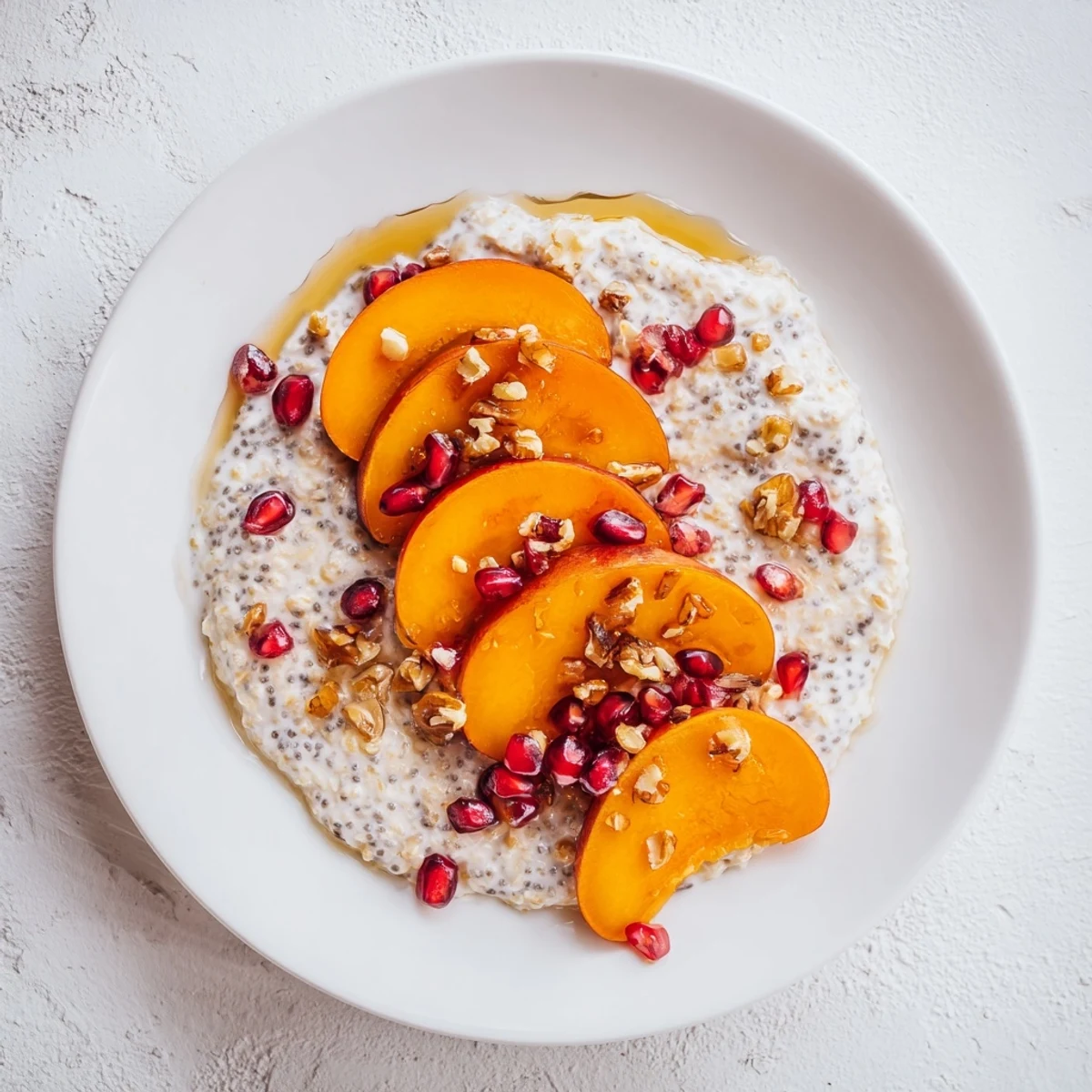 A close-up of creamy Overnight Oats with persimmon, a healthy, delicious, make-ahead meal.