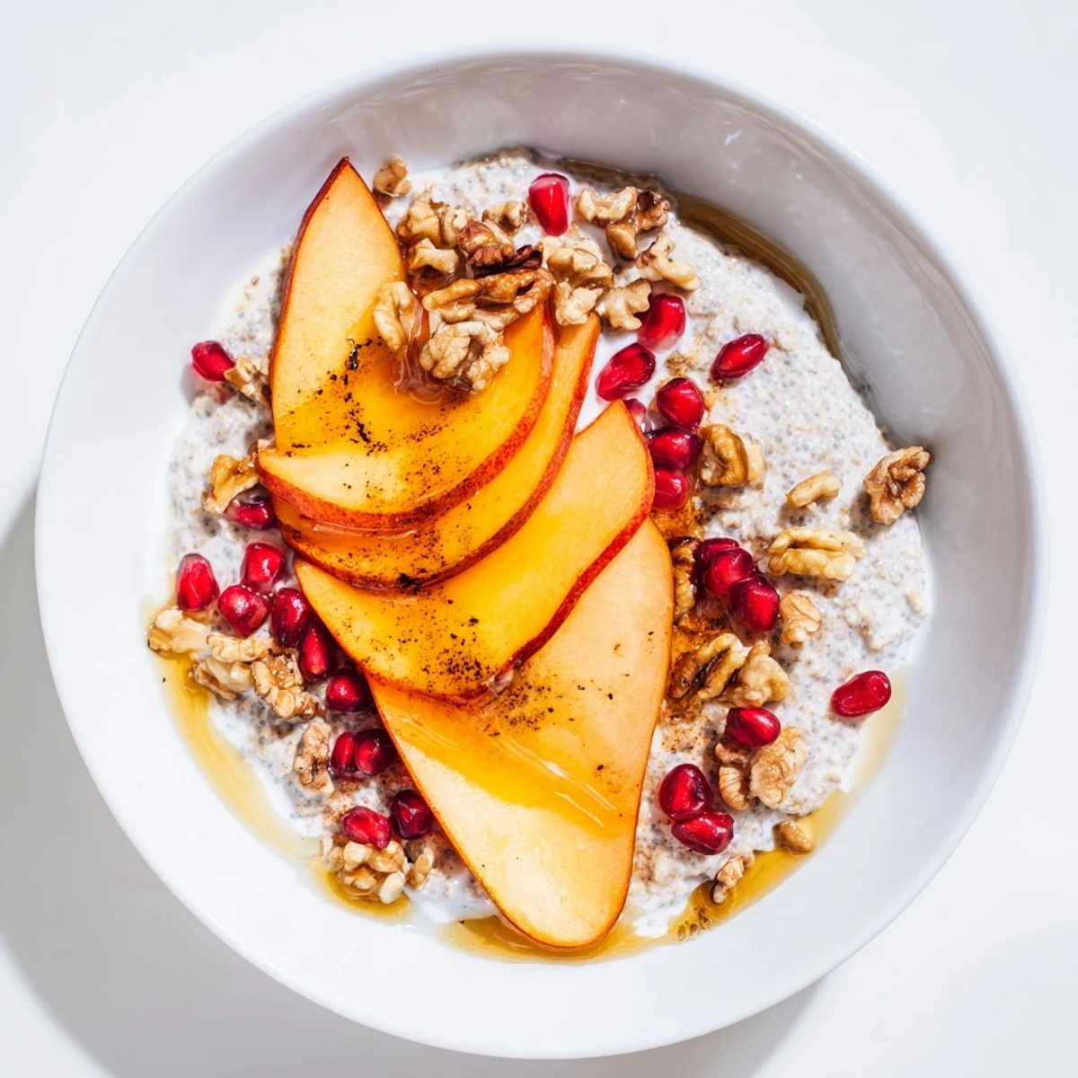 Enjoy fresh, layered Overnight Oats with persimmon, perfect anytime, with juicy pomegranate seeds.