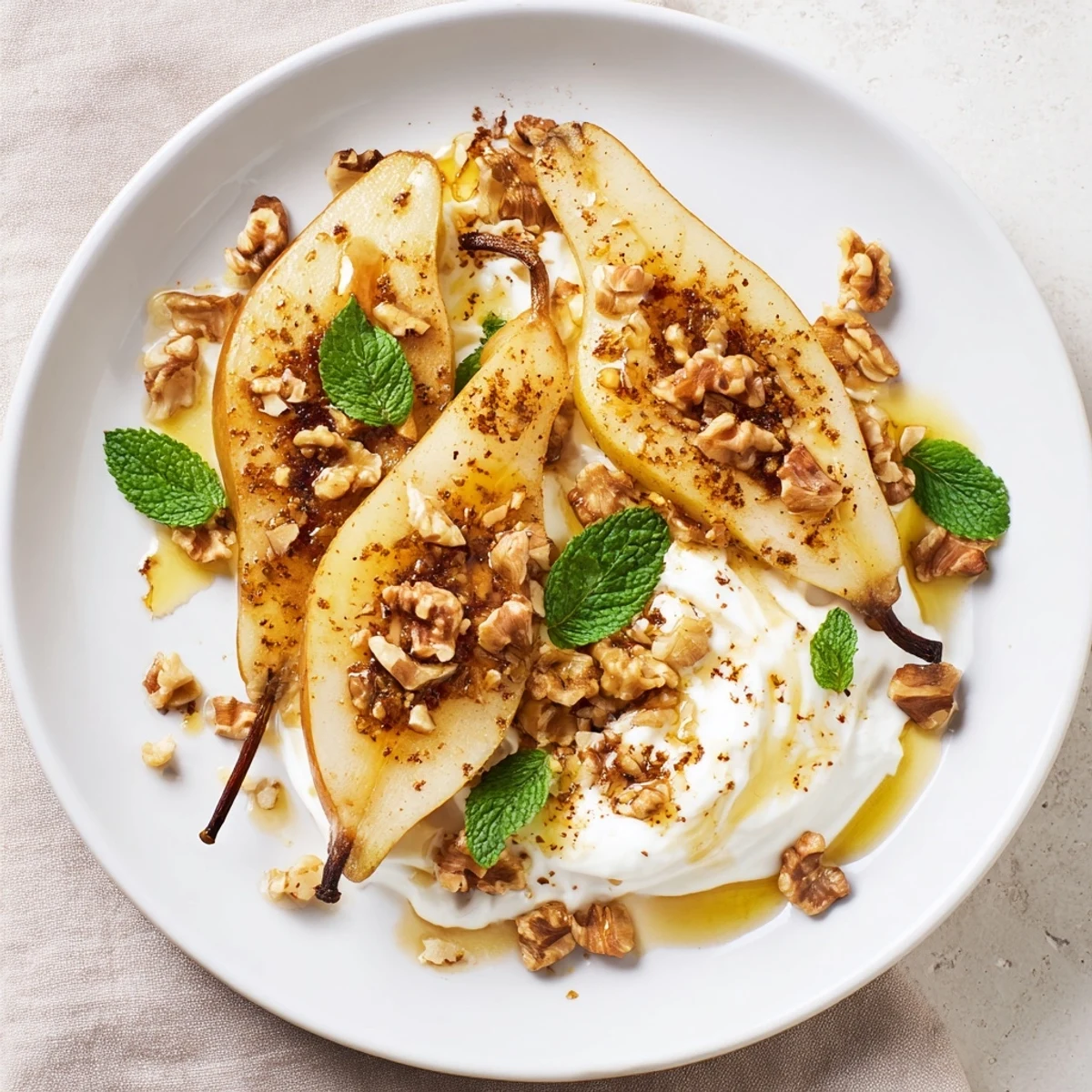Warm, caramelized roasted pears with cinnamon, walnuts, and Greek yogurt—a perfect dessert.