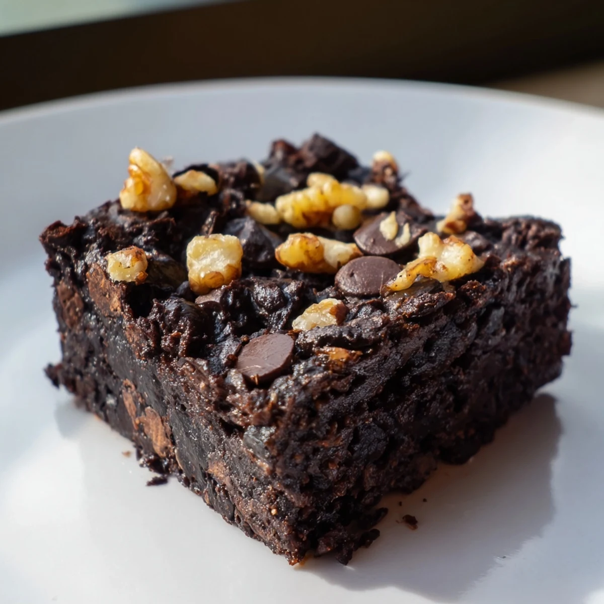 Warm, gooey sweet potato brownies with melted dark chocolate chips, ready to serve and enjoy.